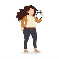 A woman grasping a clock, representing her connection to time and the significance of managing it effectively vector