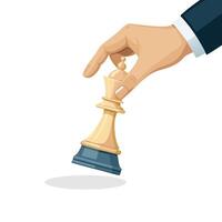 Hand gripping a chess piece poised above a line, symbolizing strategy and decision-making in a game of chess flat illustration on white background. vector