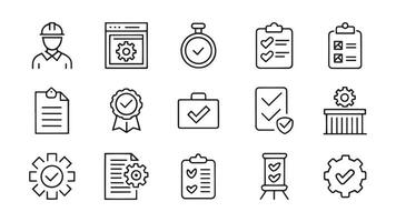 inspection, evaluation, production, quality assurance, certificate, testing related editable stroke outline icon set illustration on white background vector