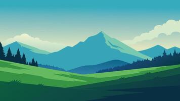Landscape featuring lush green grass under a sky filled with fluffy clouds, creating a tranquil atmosphere. flat illustration. vector