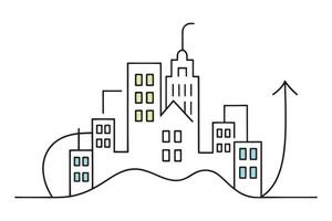 Cityscape featuring a building and an arrow, symbolizing a business idea and direction for growth isolated doodle line art flat illustration on white background. vector