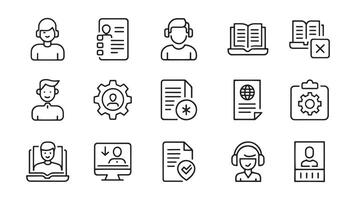 Containing user manual, instruction, guidebook, reference, information support, assistant, customer help related editable stroke outline icon set illustration on white background. vector