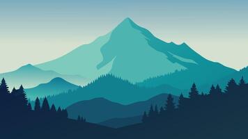Mountain vista cloaked in mist, surrounded by trees, creating a captivating and serene natural environment flat illustration vector