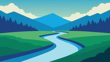 River flows through a lush green field, bordered by vibrant trees under a clear blue sky flat illustration. vector