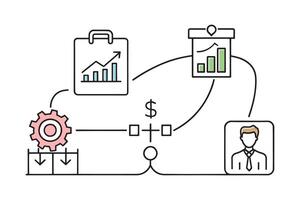 Business process with interconnected steps and arrows indicating workflow direction isolated doodle line art flat illustration on white background vector