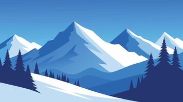 Snow covered trees stand majestically in the mountains under a clear blue sky, creating a serene winter landscape flat illustration vector