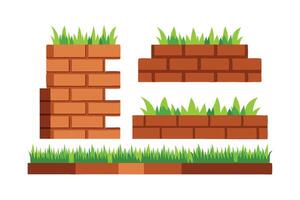 Brick wall covered with grass pattern set flat illustration white background vector