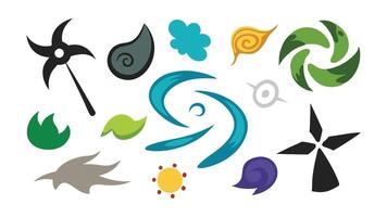 A collection of bright, colorful symbols displayed on a white background, suggesting a dynamic, wind like energy vector
