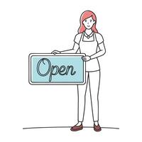 Woman stands proudly in front of her business- holding an open sign to welcome customers continuous line art flat illustration white background.eps vector