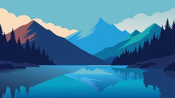 Nice lake nestled among majestic mountains and lush trees, reflecting the beauty of nature in a tranquil setting flat illustration vector