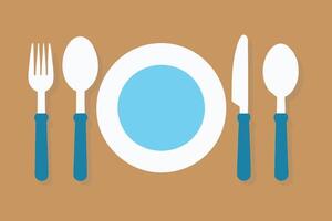 Elegant tableware on white plate rustic table isolated flat illustration white background. vector