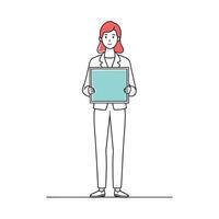 Woman stands holding a blank board in her hands, ready to present or display information continuous line art flat illustration white background vector