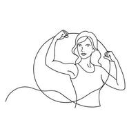 woman confidently flexes her arm in a circular motion, showcasing strength and determination in her expression continuous line art flat illustration on white background vector