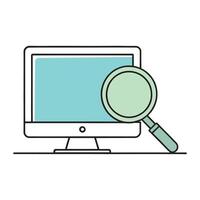 Magnifying glass alongside a computer, symbolizing research and digital exploration doodle line art flat illustration on white background vector