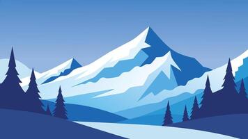 Picturesque landscape featuring snow-covered trees in front of towering mountains, capturing the essence of a winter wonderland flat illustration. vector