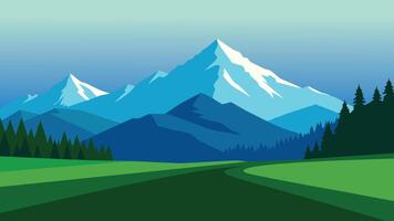 green field bordered by trees, with majestic mountains rising in the background under a clear blue sky flat illustration vector