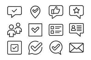 Dialogue, communication,Approved, Checkmark box and Social media message related editable icon set isolated flat illustration white background. vector