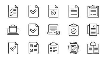 Papers, folder, certificate, accept, approved, clipboard, invoice, archive Minimalist Line 15 pcs editable stroke outline icon set illustration on white background vector