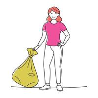 Woman stands outdoors, holding a bag of garbage, ready to dispose of it responsibly continuous line art flat illustration white background. vector
