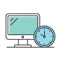 Computer alongside a clock, symbolizing time management in technology doodle line art flat illustration on white background vector
