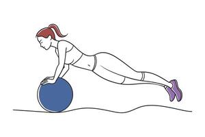 woman performs an exercise on a stability ball continuous line art flat illustration on white background vector