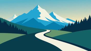 Road winding through lush grass and trees, leading towards a majestic mountain in the distance. vector