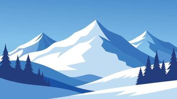 Winter landscape featuring snow covered mountains and trees, all enveloped in a soft, white blanket of snow flat illustration vector