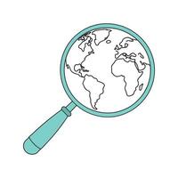 Magnifying glass positioned over a globe, symbolizing exploration and discovery of the world isolated doodle flat illustration on white background. vector