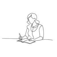 woman sits at a desk, focused on writing in a notebook continuous line art flat illustration on white background vector