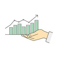 Hand with a bar graph and another with a graph bar, representing statistical data visualization isolated doodle flat illustration on white background vector