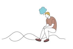 Man sits on the floor, deep in thought, with a thought bubble hovering above his head isolated on white background. vector
