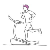man cartoon depicting a man energetically running on a treadmill in a bright continuous line art flat illustration white background vector