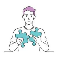 Man holds two puzzle pieces in his hands, contemplating how they fit together continuous line art flat illustration white background vector