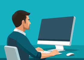 Man focused on a computer screen displaying a drawing, flat illustration on white background. vector