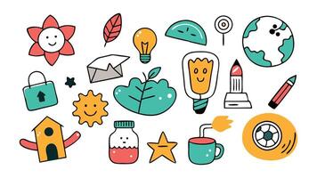 A collection of hand drawn doodles displayed on a clean white background, showcasing creativity and artistic expression flat illustration set white background vector