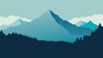 Mountain landscape shrouded in fog, with lush trees enhancing the tranquil atmosphere of nature flat illustration vector