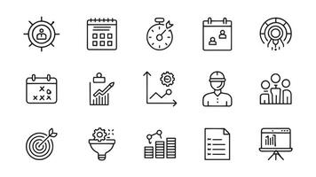 strategy, analysis, planning, strategy, analysis, tasks, goal, implementation related editable stroke outline icon set illustration on white background. vector