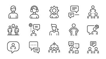 People, communication, talking, discussion, speech bubble, team, support related editable stroke outline icon set illustration on white background. vector