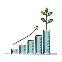 Plant growing on a bar chart, symbolizing growth and progress in data doodle line art flat illustration on white background. vector