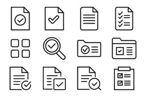 Files, checkmark, find, search, paper related editable icon set isolated flat illustration white background vector