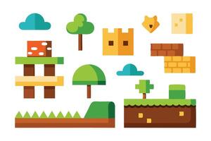 Platformer game elements, level builder elements, trees bricks house, board games design flat illustration white background vector