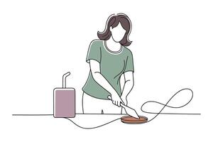 woman is using a knife to clean a kitchen counter continuous line art flat illustration on white background vector