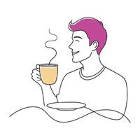 young man enjoying a cup of coffee- with a speech bubble above him- indicating a conversation or thought continuous line art flat illustration white background.eps vector