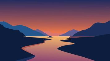 long exposure captures smooth water flowing over rocks during a vibrant sunset, creating a serene and tranquil scene flat illustration vector