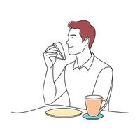 Man enjoying a sandwich while sipping a cup of coffee at a table continuous line art flat illustration white background vector