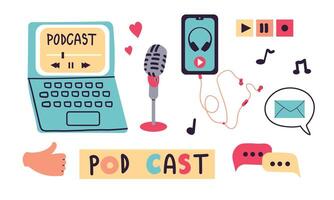 Big Podcast set. Podcast elements, microphone, headphones, player, recording. A person records a podcast. Cartoon illustration in flat style isolate on white . vector
