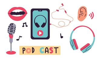 Podcast set. Podcast elements, microphone, headphones, player, recording. A person records a podcast. Cartoon illustration in flat style isolate on white . vector