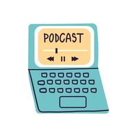 Online podcasting show, radio broadcasting, blogging concept. Streaming media on a laptop. Flat illustration isolate on white vector