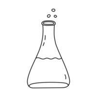 Cute doodle laboratory beaker with chemical solution and bubbles. Flat bottomed flask, glassware for science experiment, chemistry tests. Hand drawn outline lab equipment isolated on white vector