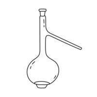 Cute doodle laboratory beaker with spout and cork for chemical solutions, reagents. High and round flask for science experiment, chemistry, biology tests. Hand drawn lab glassware isolated on white. vector